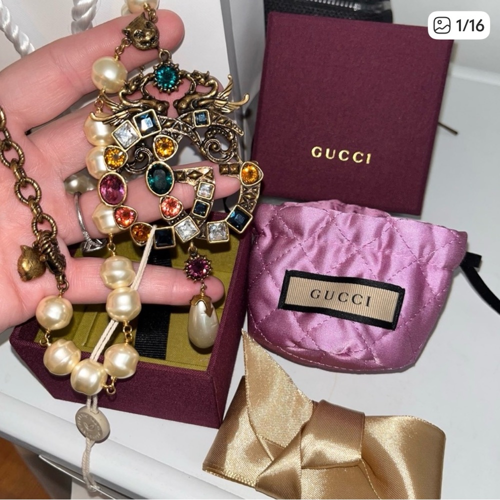 Gucci Gold-Tone Multicolor Crystal Brooch Necklace with Pearls
